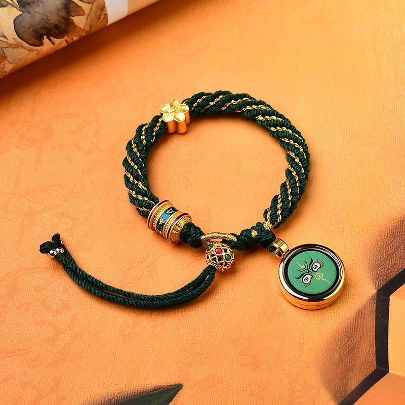 Pulsera de hilo tejido con amuleto Thangka de los cinco dioses de la riqueza y la suerte hecha a mano con forma de rueda de oración y flores de Mythstone Tibet