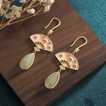 Mythstone Natural Green Aventurine Fan Pattern Luck Drop Earrings