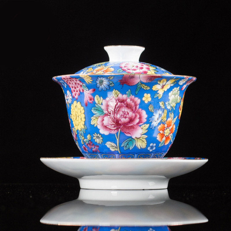 Mythstone Peony Flowers Ceramic Gaiwan Sancai Teacup Kung Fu Tea Cup And Saucer With Lid