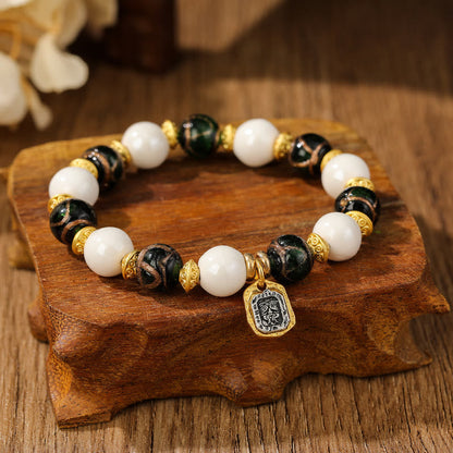 Mythstone Tibetan Zakiram Goddess of Wealth Charm Liuli Glass Incense Ash Porcelain Bead Protection Bracelet