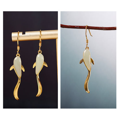 Fish Pattern Jade Luck Dangle Drop Earrings