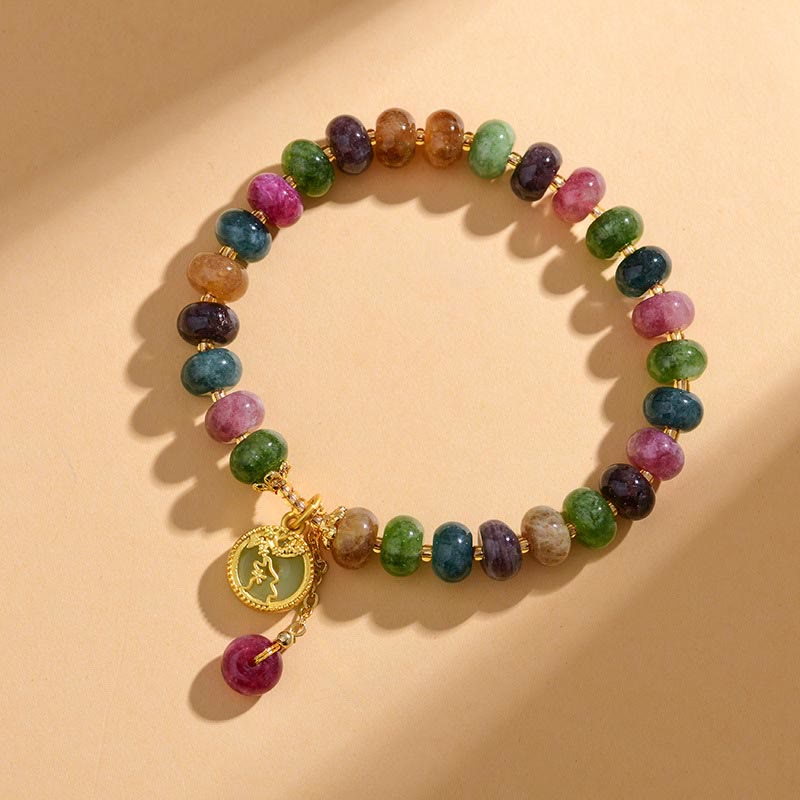 Pulsera con dije de conejo y flor adorable de turmalina colorida Mythstone