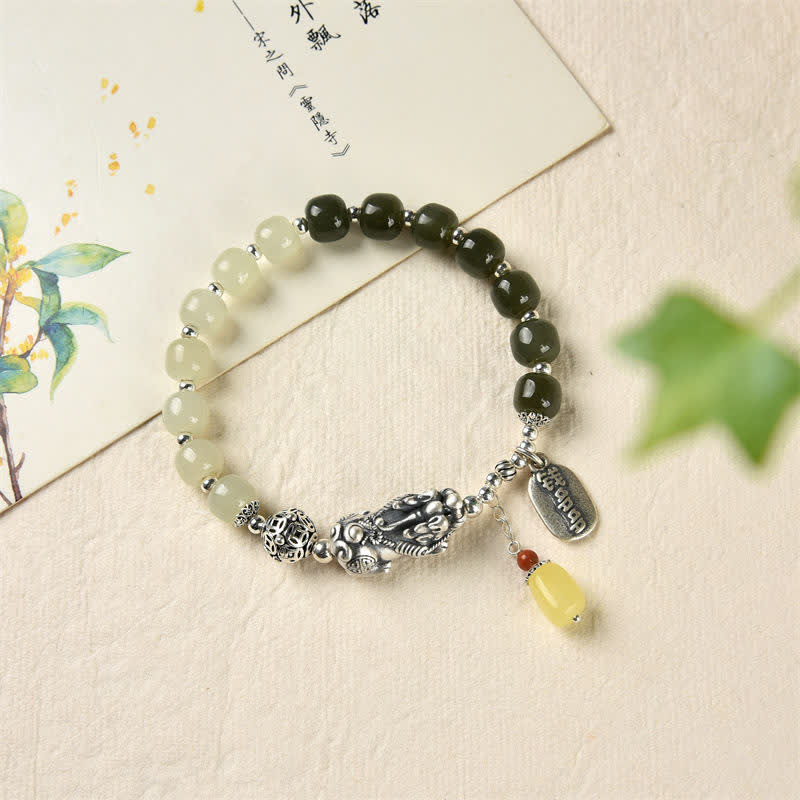 Mythstone 925 Sterling Silver Natural Hetian Jade Amber PiXiu Luck Bracelet