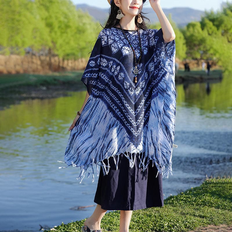 Mythstone Blue Striped Floral Indigo Dyeing Shawl Tassels Cozy Pullover 90*95cm