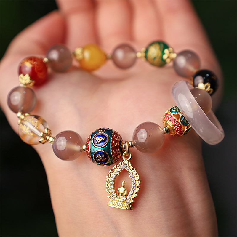 Mythstone Natural Gray Agate Five Directions Gods of Wealth Om Mani Padme Hum Buddha Charm Bracelet