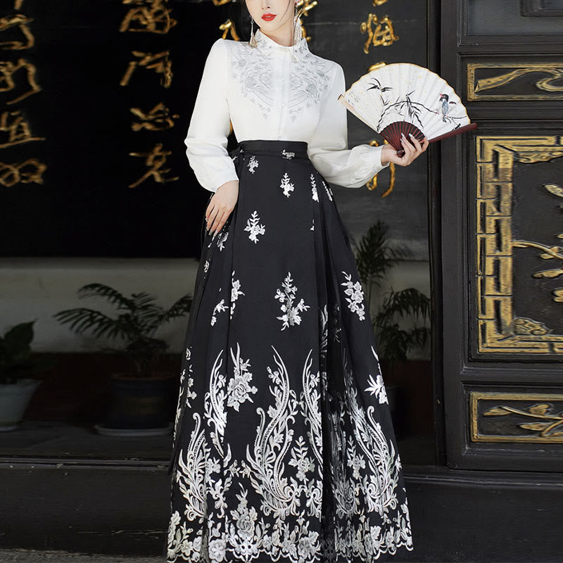 Mythstone Flowers Leaves Feathers Long Sleeve Shirt Top Chinese Hanfu Ming Dynasty Horse Face Skirt Mamianqun Skirt