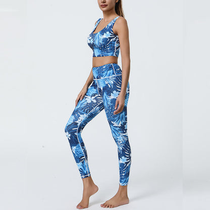 Mythstone 2Pcs Pineapple Grass Leaves Print Sports Fitness Crop Tank Bra High Waist Leggings Yoga Pants