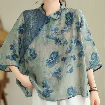 Mythstone Blue Jacaranda Flower Design Three Quarter Sleeve Ramie Linen Shirt