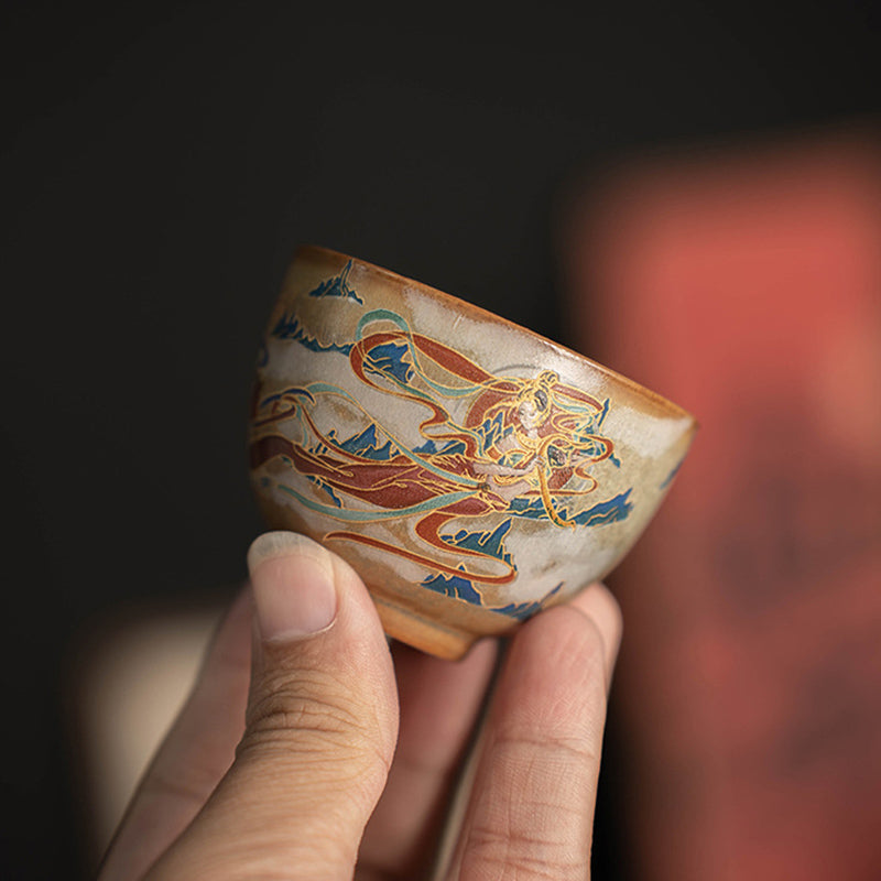 Mythstone Dunhuang Flying Apsaras Ceramic Gaiwan Sancai Teacup Kung Fu Tea Cup With Lid