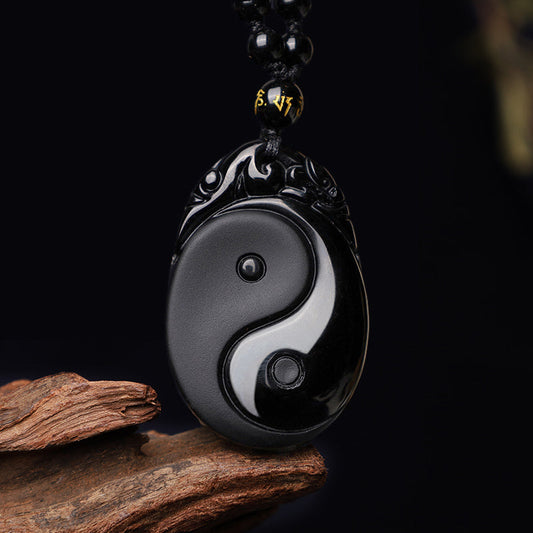 Mythstone Natural Black Obsidian Yin Yang Fulfilment Strength Necklace Pendant