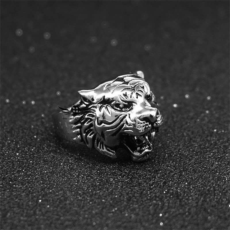 Mythstone Men's Animal Tiger Head Titanium Steel Balance Calm Punk Rock Biker Ring