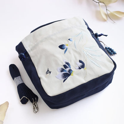 Mythstone Embroidered Butterfly Lotus Magnolia Cotton Linen Tote Crossbody Bag Shoulder Bag Handbag