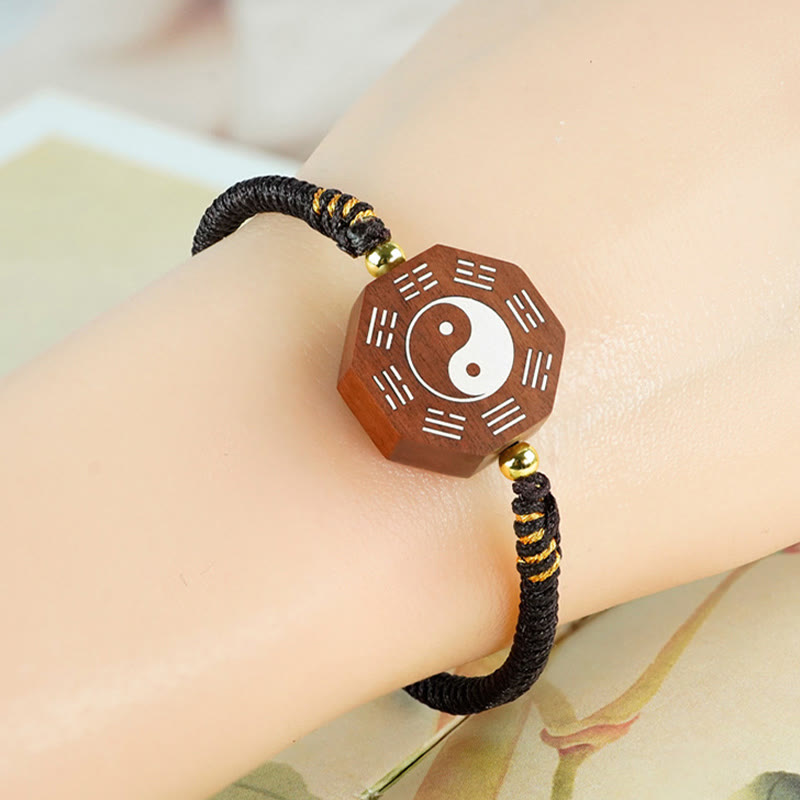 Mythstone Small Leaf Red Sandalwood Jujube Wood Ebony Wood Silver Inlaid Yin Yang Bagua Big Dipper Protection Bracelet