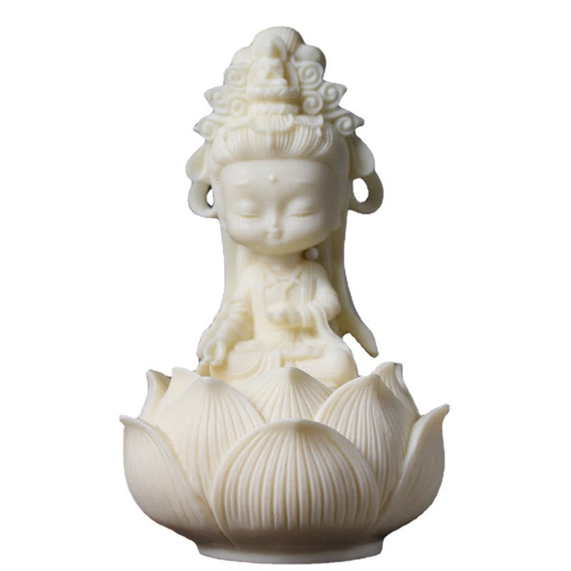 Mythstone Mini Ivory Fruit Kwan Yin Avalokitesvara Lotus Wealth Desk Decoration