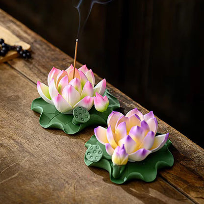 Mythstone Lotus Flower Leaf Pod Spiritual Healing Ceramic Stick Incense Burner Decoration