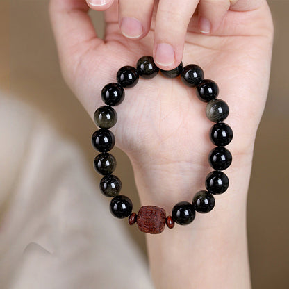 Pulsera curativa con personaje Om Mani Padme Hum Fu y obsidiana arcoíris con brillo dorado natural de Mythstone 