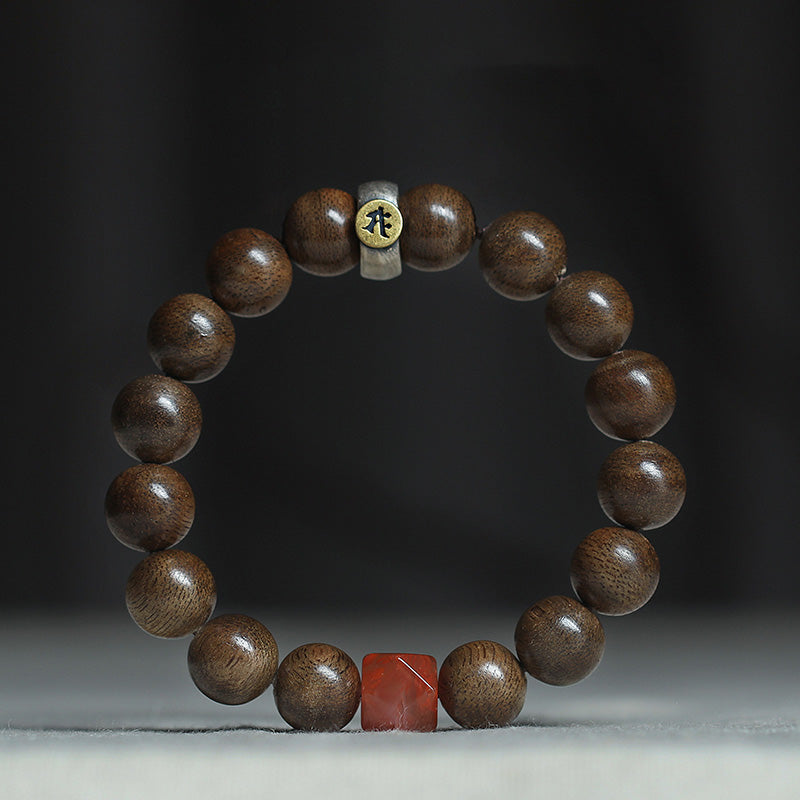 Mythstone Chinese Zodiac Natal Buddha Kalimantan Agarwood Red Agate Amber 925 Sterling Silver Bracelet