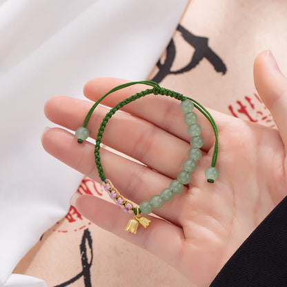 Mythstone Handmade Jade Bead Lily of the Valley Charm Luck Braided Bracelet