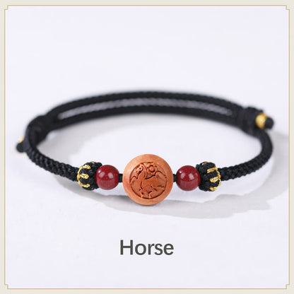 Mythstone Natural Peach Wood Chinese Zodiac Fu Character Carved Cinnabar Wealth Bracelet