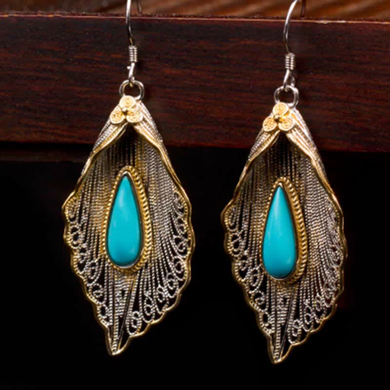 Mythstone 925 Sterling Silver Turquoise Bodhi Leaf Pattern Protection Drop Dangle Earrings