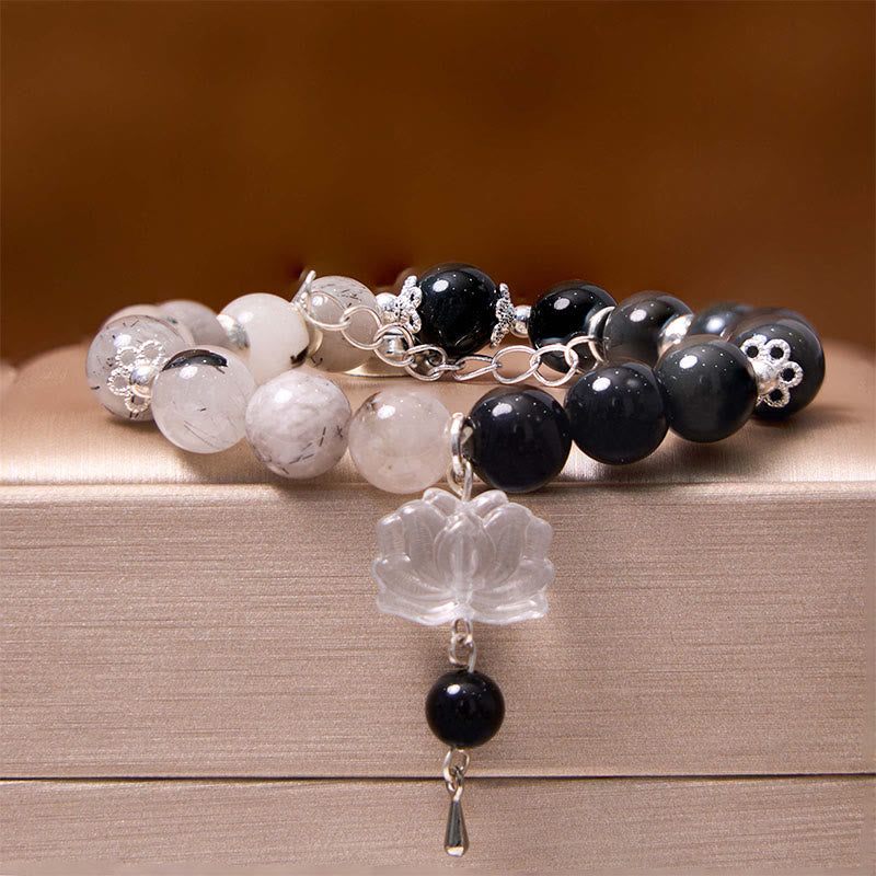 Mythstone Silver Sheen Obsidian Crackle Clear Quartz Black Rutilated Quartz Yin Yang Lotus Protection Bracelet