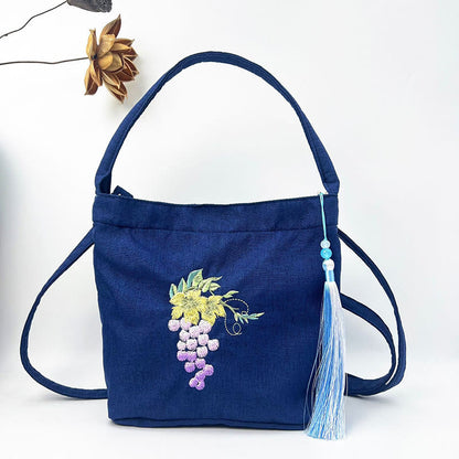 Mythstone Embroidery Wisteria Plum Lotus Cherry Blossom Cotton Linen Canvas Tote Crossbody Bag Shoulder Bag Handbag