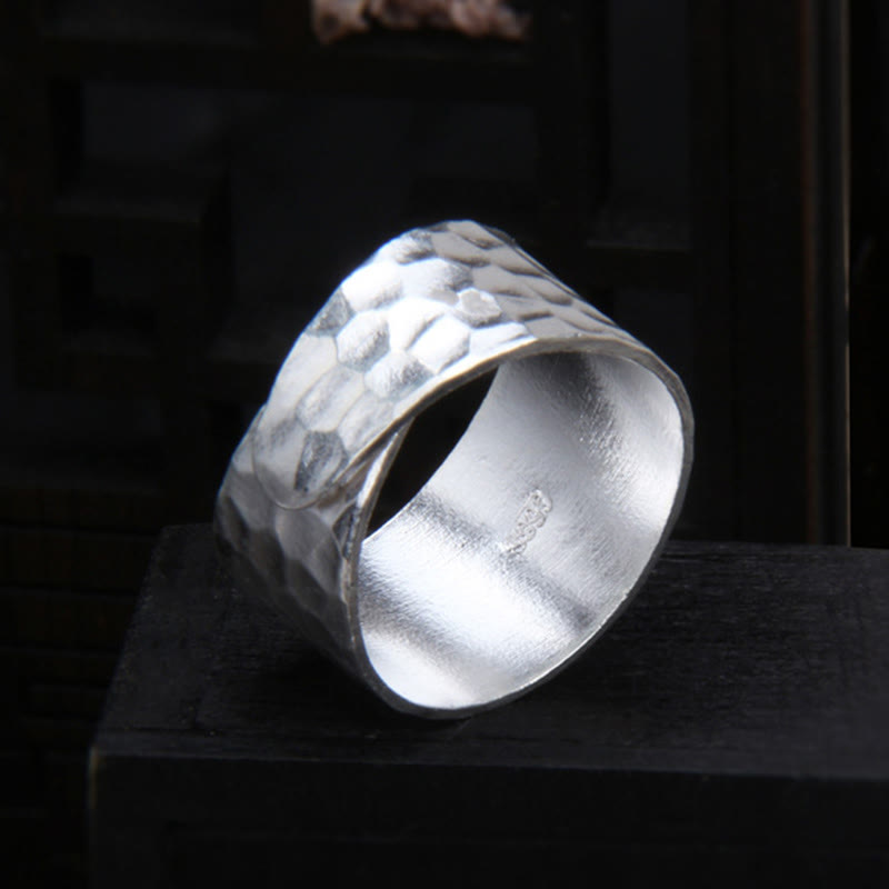 Mythstone Tibetan 990 Sterling Silver Handmade Rustic Hammered Pattern Ring