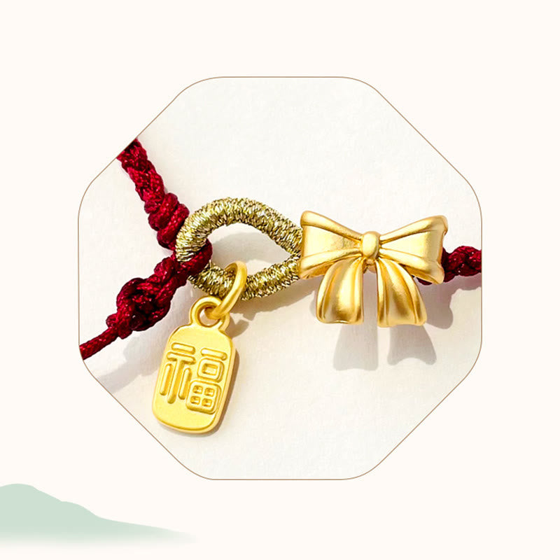 Mythstone Handmade Peach Blossom Rosette Bow Knot Fu Character Charm Luck Fortune Red Rope Bracelet