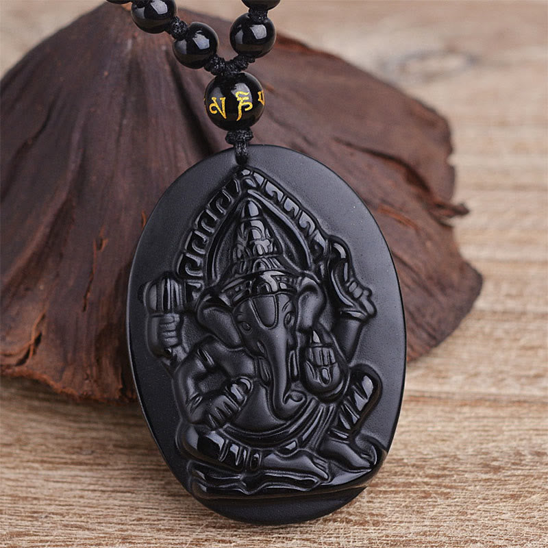 Mythstone Tibetan Obsidian Ganesh Ganpati Elephant Wealth Amulet Necklace