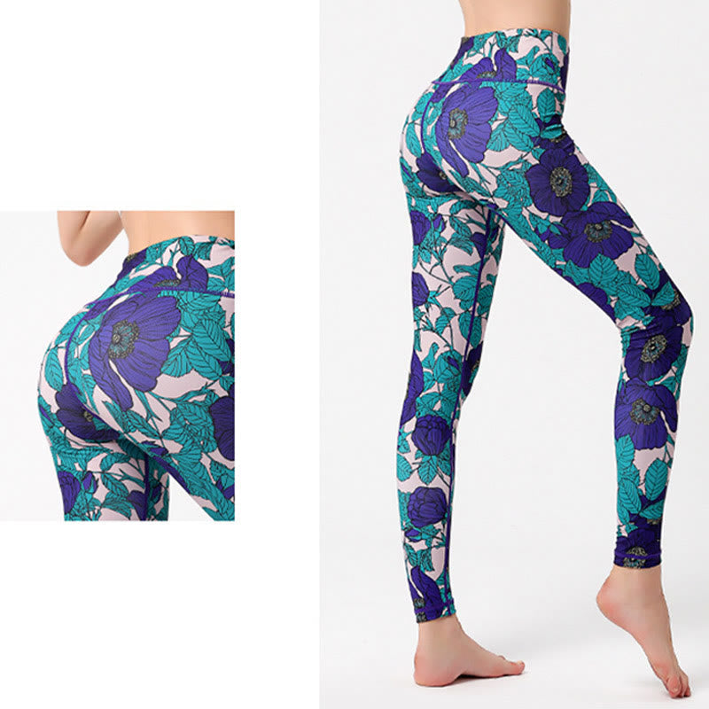 Mythstone Colorful Flower Petal Leaves Print Sports Exercise Fitness High Waist Leggings Women's Yoga Pants