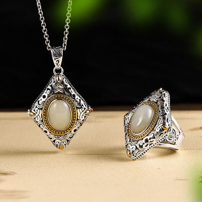 Mythstone 925 Sterling Silver Rhombus Design Hetian Jade Luck Necklace Pendant Ring Set