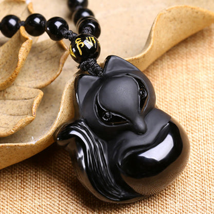 Mythstone Natural Black Obsidian Tiger Eye Ice Obsidian Fox Pendant Amulet Necklace