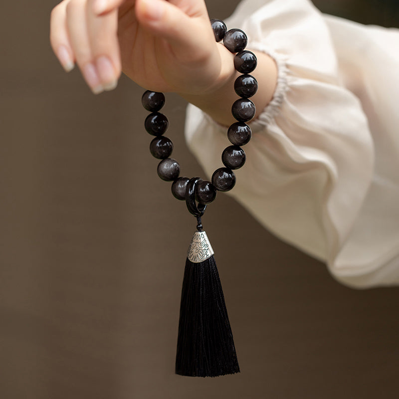 Mythstone Natural Silver Sheen Obsidian Black Obsidian Lion Wrist Mala Protection Tassels Pocket Mala Car Decoration