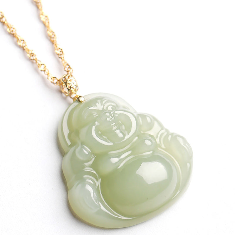 Mythstone 925 Sterling Silver Laughing Buddha Cyan Jade 18K Gold Success Necklace Pendant