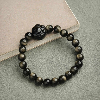 Mythstone Gold Sheen Obsidian Silver Sheen Obsidian Lovely Paw Lucky Cat Protection Bracelet