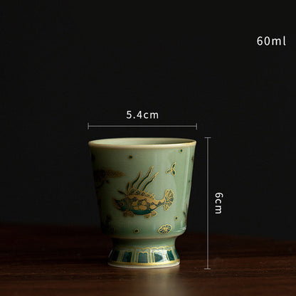 Mythstone Green Porcelain Butterfly Flower Salmon Fish Ceramic Gaiwan Sancai Teacup Kung Fu Tea Cup And Saucer With Lid