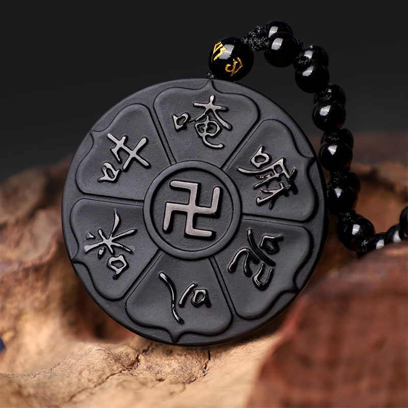 Mythstone Natural Black Obsidian Tibetan Om Mani Padme Hum Buddha Swastika Luck Necklace Pendant