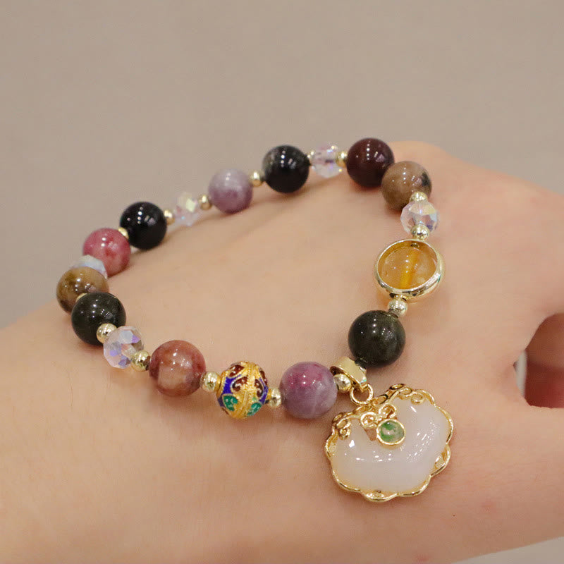 Mythstone Strawberry Quartz Green Crystal Amethyst Healing Chinese Lock Charm Bracelet