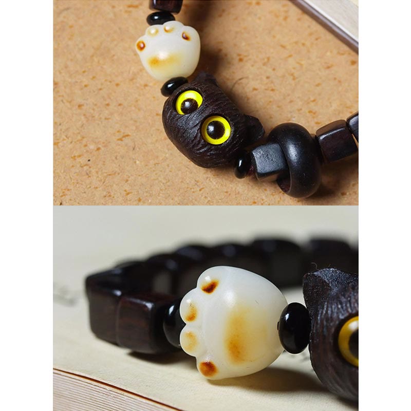 Mythstone Ebony Wood Cute Cat Bodhi Seed Paw Claw Square Beads Calm Bracelet