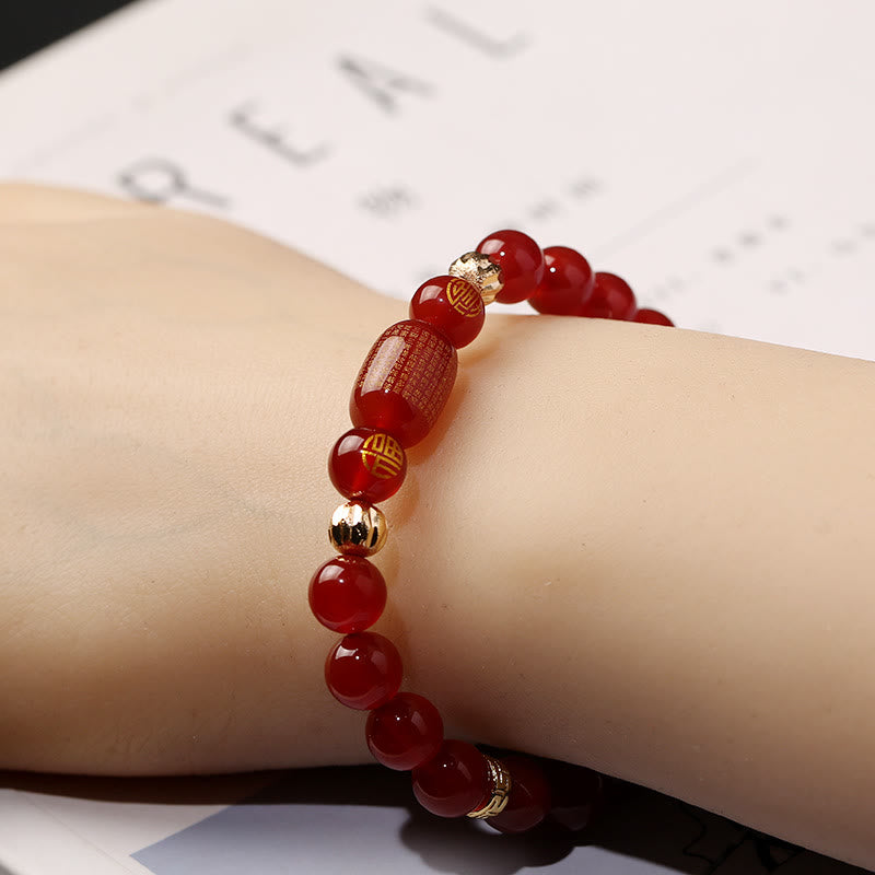 Mythstone Natural Red Agate Green Agate Buddhist Sutras Calm Bracelet