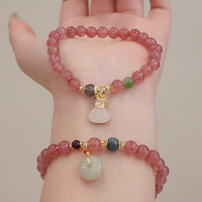 Pulsera curativa con forma de monedero y hebilla de paz de jade y cuarzo fresa natural Mythstone 