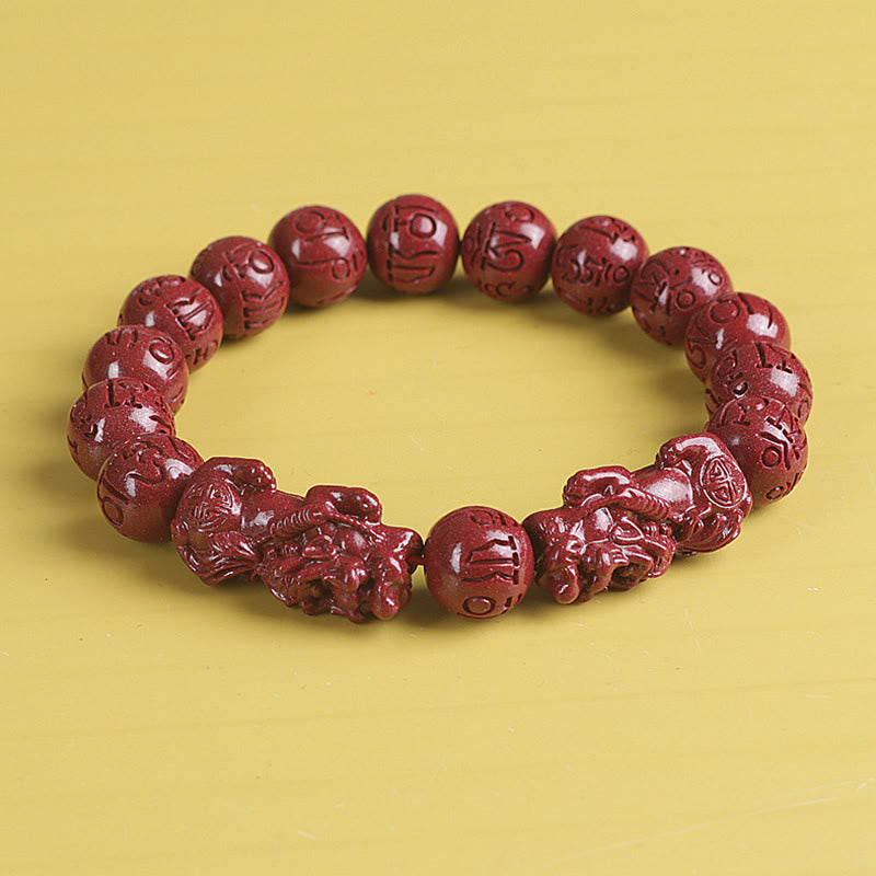 Mythstone Natural Double PiXiu Cinnabar Om Mani Padme Hum Wealth Luck Bead Bracelet