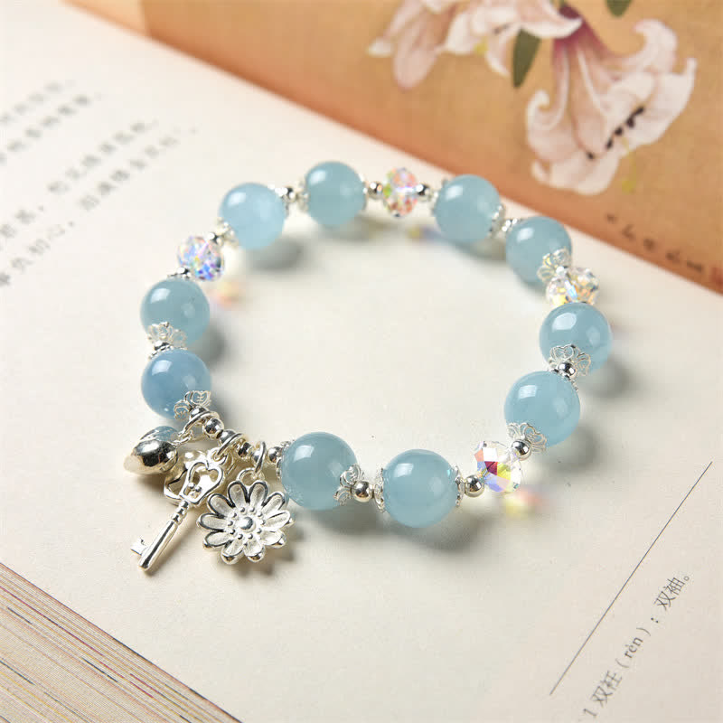 Mythstone 925 Sterling Silver Natural Aquamarine Serenity Flower Love Key Charm Bracelet