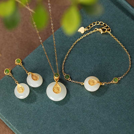 Mythstone 925 Sterling Silver Plated Gold Hetian Jade Fu Character Luck Necklace Pendant Bracelet Earrings