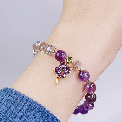 Mythstone Amethyst Crystal Four Leaf Clover Healing Charm Bracelet