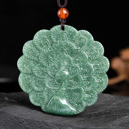 Mythstone Natural Jade Peacock Luck Prosperity Necklace Pendant