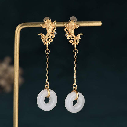 Mythstone FengShui Koi White Jade Fortune Earrings