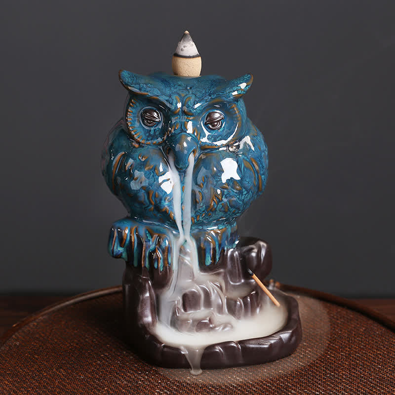 Mythstone Cute Owl Ceramic Backflow Smoke Fountain Meditation Healing Incense Burner Decoration