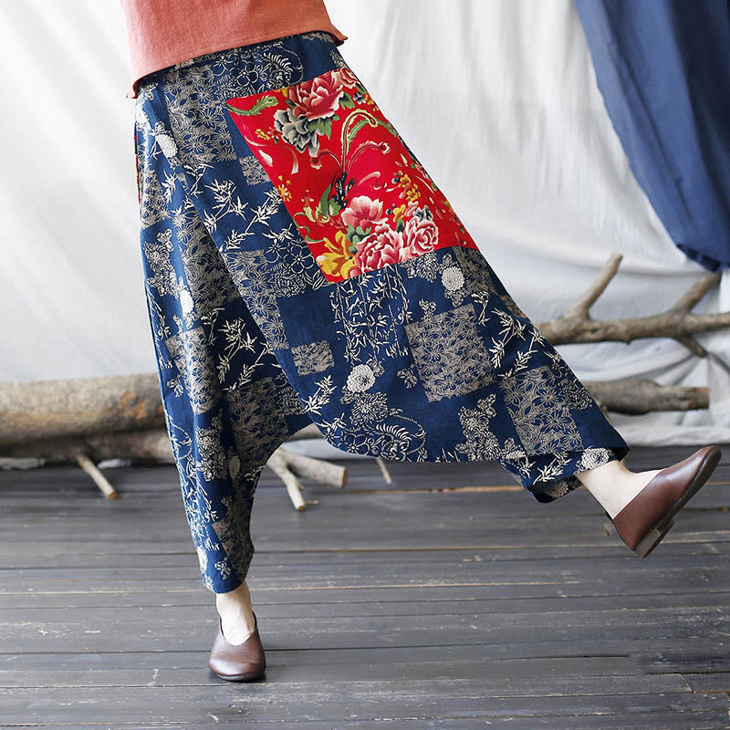 Pantalones harén de lino y algodón con bolsillos, diseño de peonías rojas, bambú azul y crisantemo, patchwork 