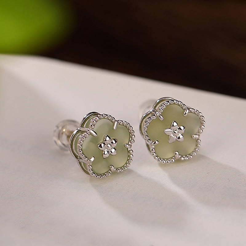 Mythstone 925 Sterling Silver Hetian Jade Plum Flower Luck Stud Earrings